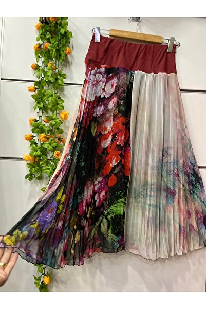 edu collection Midi Length Patterned Chiffon Skirt with Lining