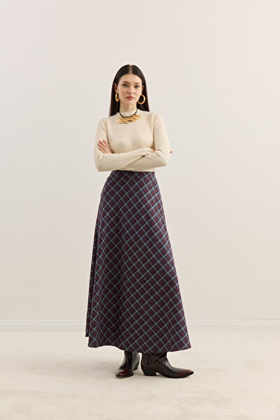 EMNORA Ekose Kloş Etek Bordo