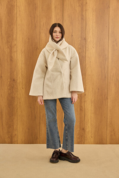 EMNORA Fularlı Oturtmalı Midi Fox Kaban Bej