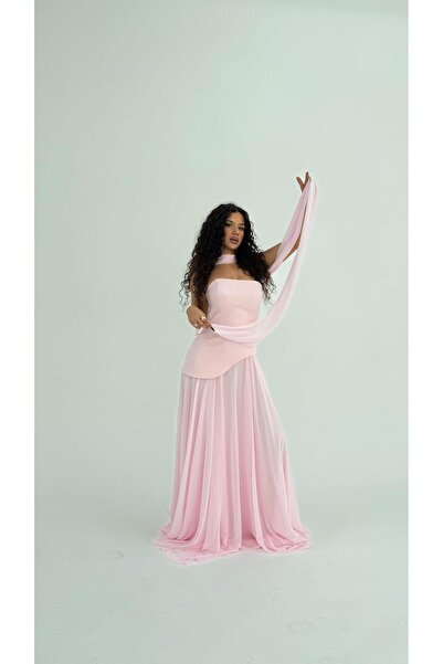 AYŞENUR DİNÇER Luna Fularlı Şifon Abiye Pudra Pembesi