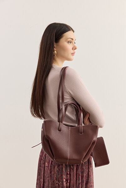 EMNORA Dikiş Detaylı Mini Tote Çanta Bordo