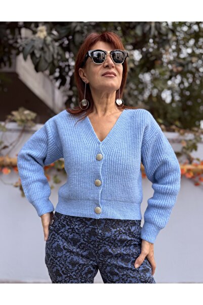 DenizEge Wool Blend Short Cardigan Blue