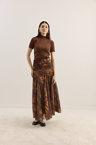 EMNORA Beli Büzgülü Godeli Şifon Etek Yaprak Desen