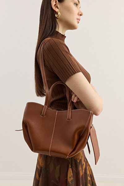 EMNORA Dikiş Detaylı Mini Tote Çanta Taba
