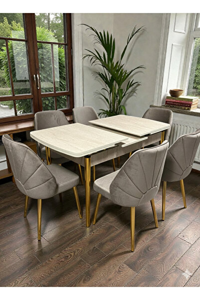MSY HOME 6 Kişilik Dünya Serisi Gold Kelebek Traverten Kelebek Yemek Masası T...