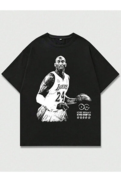 MAGORS Tricou negru Kobe Bryant Bean imprimat unisex cu croiala supradimensio...