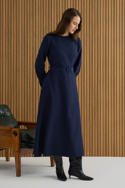 Aker Lacivert Kemerli Evaze Elbise