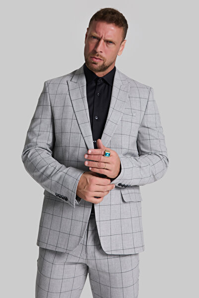 GustmanModa Erkek Klasik Gri, Siyah Kareli Slim Fit Blazer Ceket