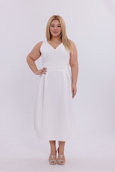 IŞILTI Special Design Stretch Fabric Crepe Fabric V-Neck Pleat Detail Sleeveless Midi Length Plus Size Evening Dress 3144