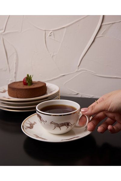 TUSE LIVING Wild Walk Real Gold Gilded Tiger 4 Piece 2 Person Porcelain Tea Coffee Cup Set