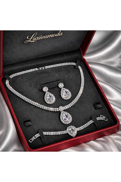 Luxiva 18 Ayar Beyaz Altın Kaplama Pırlanta Kesim Zirkon Taşlı Lüks Gelin seti