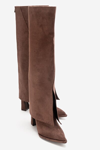 LuviShoes Aja Brown Suede Women's Thick Heeled Boots Can Be Used as Boots