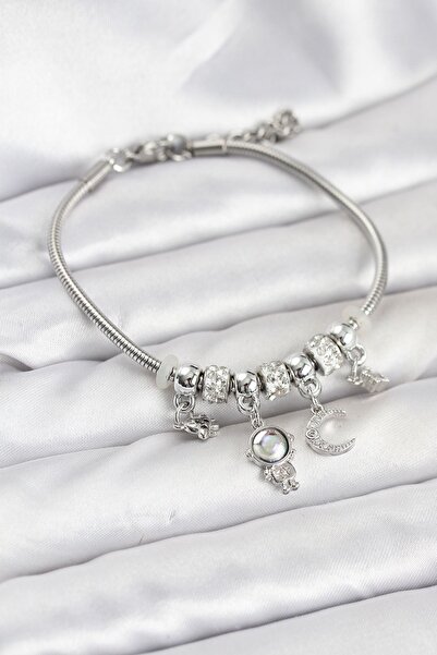 Clariss YRTCL Pirinç Gümüş Renk Uzay Tema Charmlı Kadın Bileklik