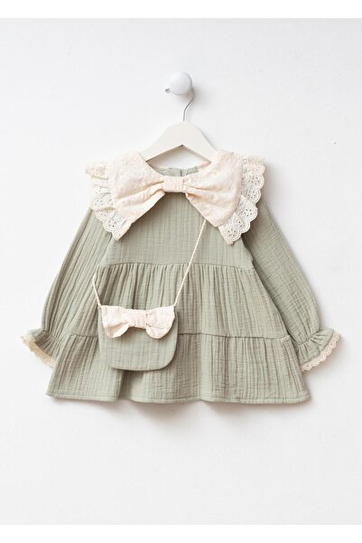 Magu Girl's Cotton Green Bow Lace Collar Dress Set - with Bag