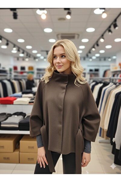 ribana Women's belted Mock Neck buttoned cape cashmere poncho