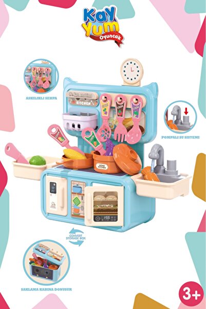 Kayyum Oyuncak Musluklu Sulu Mini Mutfak Seti Mutfak Oyuncağı Mavi Renkli Oyu...