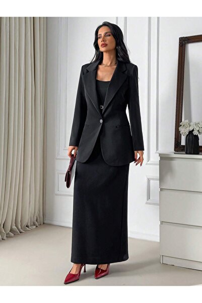PozitifJeans Women's Black Maxi Dress with Blazer Jacket – Special Occasion and Office Use