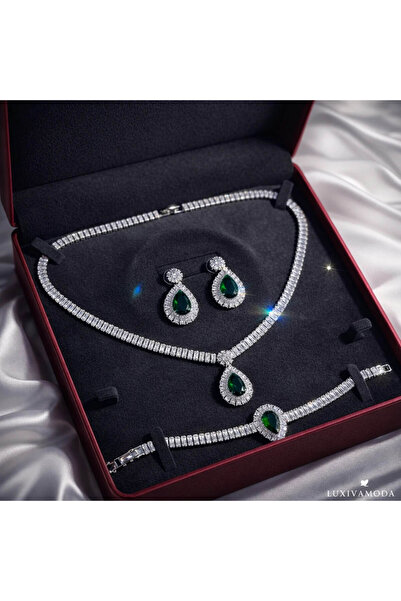Luxiva Beyaz Altın Kaplama Yeşil Markiz Kesim Zirkon Taşlı Lüks Gelin Seti Öz...