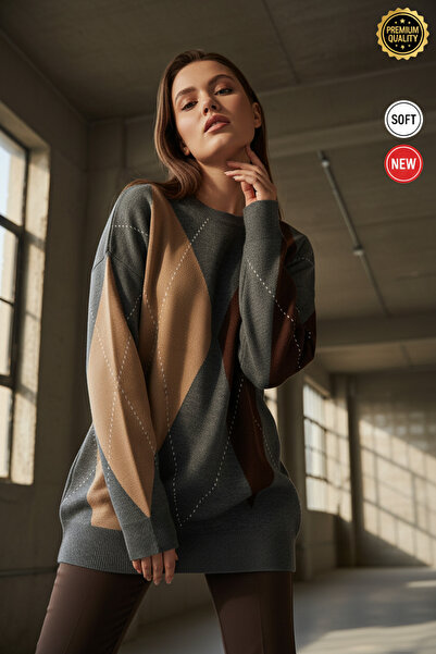 Millionaire Women's Anthracite Brown Large Diamond Pattern Tunic S-M-L Size Compatible Oversized Long Tunic Knitwear Sweater