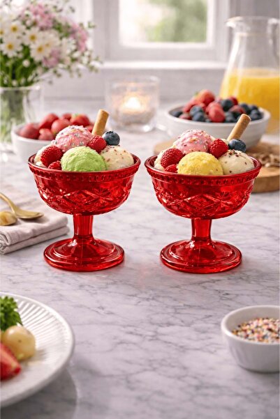 Jenisa وعاء حلوى زجاجي بنمط العين الحمراء مع قاعدة - طقم من قطعتين - للآيس كر...