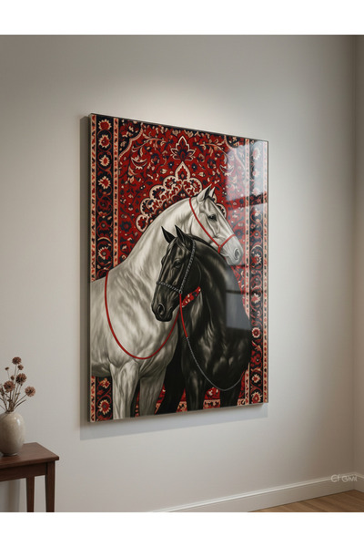 Gülsüm Aydın Modern Dekoratif Cam Tablo - Siyah ve Beyaz At Figürlü Gelenekse...