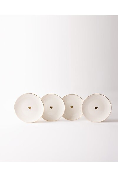 TUSE LIVING Golden Hearts Gerçek Altın Yaldızlı Kalpli 4' lü Porselen Pasta T...