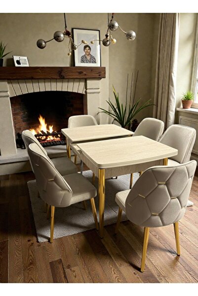 MSY HOME 6 Kişilik Asil Gold Serisi Kelebek Traverten Kelebek Yemek Masası Ta...
