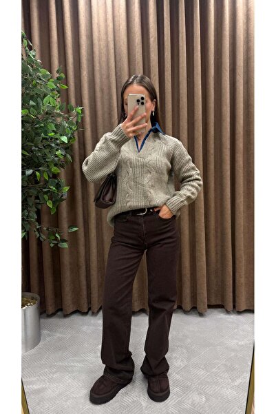 Maysa Tricot Sweater with Denim Detail on the Collar - Vison, Blue