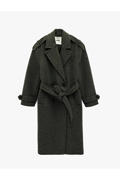 Koton Kruvaze Yaka Uzun Kollu Cepli Kemerli Uzun Kaşe Kaban