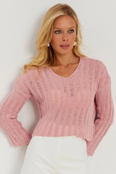 Be Best Women's Pink V-Neck Lace-Like Knit Knitwear Blouse Be304