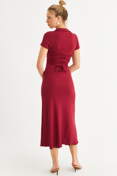 NEW JOURNAL Kadın Bordo Sırt Bağlamalı Kaşkorse Midi Elbise MFRY0001