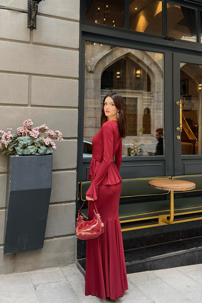 Klex Kruvaze Yaka Volan Detaylı Uzun Elbise