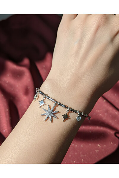 FASHİON JEWELRY Kararmaz Çelik Gümüş Renk Zirkon Taşlı Kutup Yıldızı Kelepçe ...