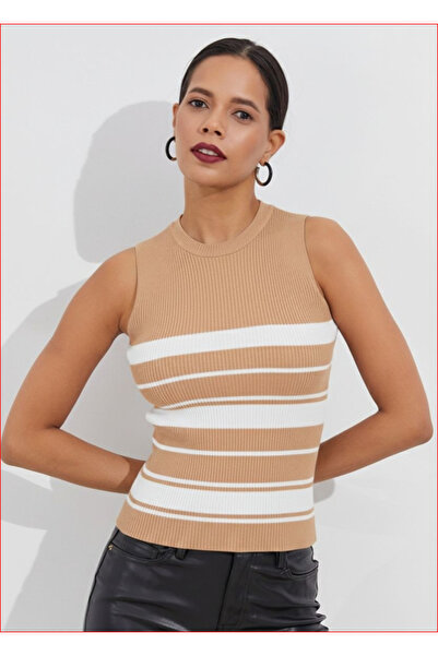 Be Best Women's Camek-White Striped Sleeveless Knitwear Blouse Be307