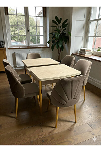 MSY HOME 4 Kişilik Dünya Serisi Gold Kelebek Traverten Kelebek Yemek Masası T...