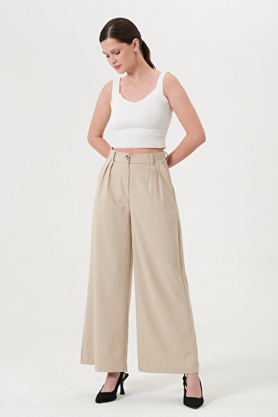 RELAXL Wide Basen Plus Size Wide Leg Beige Palazzo Pants Women