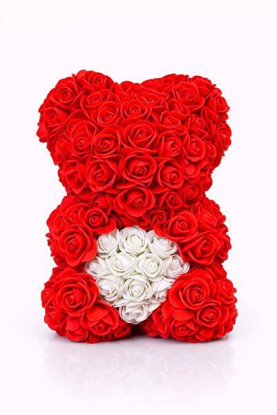 OEM Decorative teddy bear made of red foam roses with a white heart in a transparent box