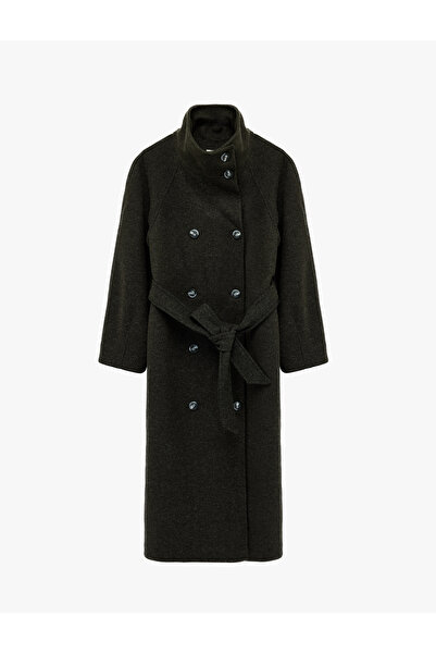 Koton Uzun Kollu Cepli Kruvaze Dik Yaka Kemerli Uzun Kaşe Kaban