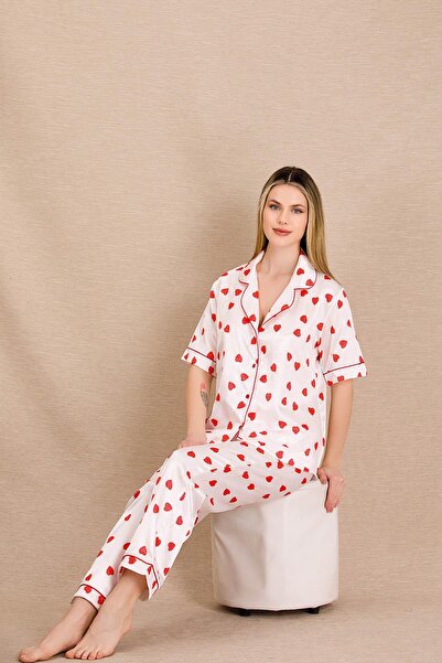 REN Set de pijamale din satin pentru femei Heart cu imprimeu cu nasturi în față