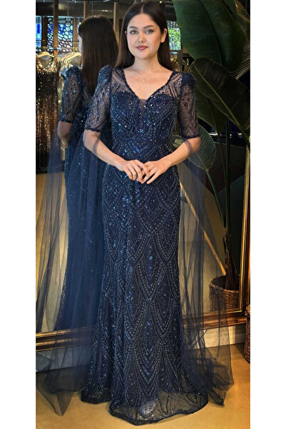 Abiyeniall Lacivert Kısa Kollu Pelerin Aksesuarlı Düz Kesim Pullu Boncuklu Uz...