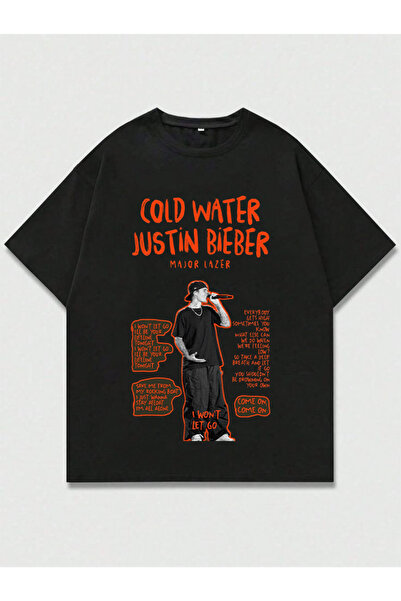 MAGORS تي شيرت أسود برقبة دائرية مطبوع للجنسين من جاستن بيبر مصنوع من القطن ب...