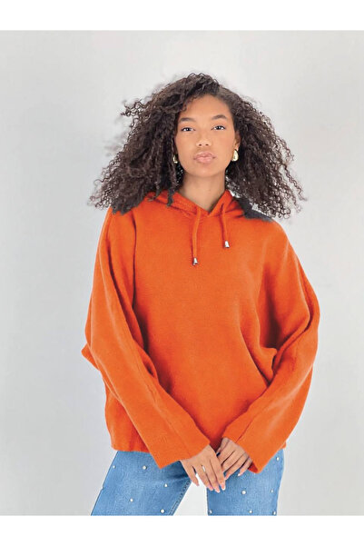 Miss Poem Women's Bat Sleeve Hooded Orange Sweater