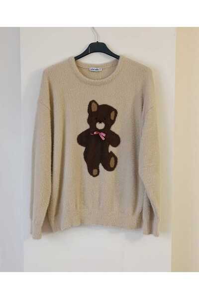 WIENELLA Bearded Soft Knit Sweater with Teddy Bear Figure Detail