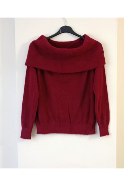 WIENELLA Women's Degaje Collar Burgundy Bearded Soft Textured Knitwear Sweater
