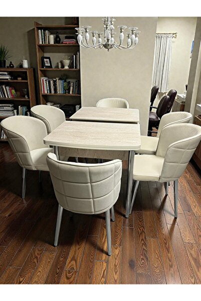 MSY HOME 6 Kişilik Selin Serisi Krom Kelebek Traverten Kelebek Yemek Masası T...