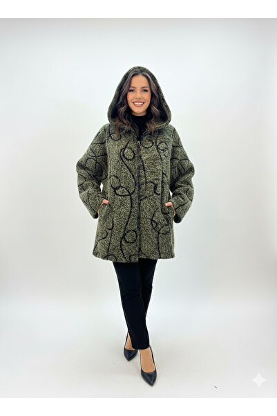 CELTMODA Women's Zippered Italian K Hooded Bearded Boucle Cardigan Coat - Green