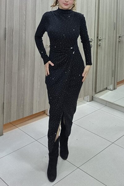 Maya Butik Siyah Yarı Balıkçı Taş ve Toka Detaylı Tül Elbise - 4954