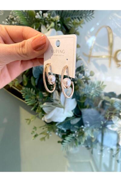 Lilyum Aksesuar ÖZEL SERİ İncili Halka Model Gold Renk Çelik Halka Küpe