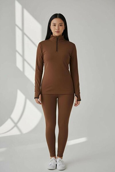 LİNALP طقم رياضي نسائي بسحاب نصف واحد |   قماش دالجيز، طقم علوي وسفلي