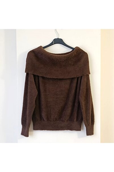 WIENELLA Women's Degaje Collar Burgundy Bearded Soft Textured Knitwear Sweater